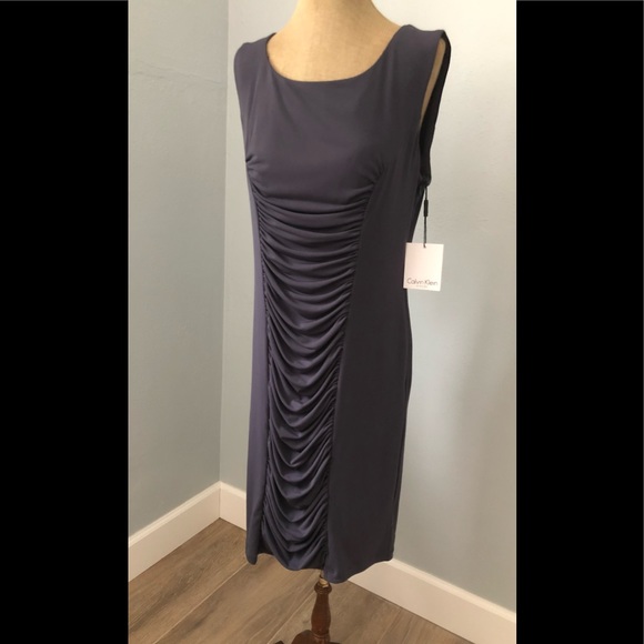 NWT Calvin Klein Charcoal Gray Rushed Sleeveless Dress - Beautiful - Size 10 - Picture 2 of 5